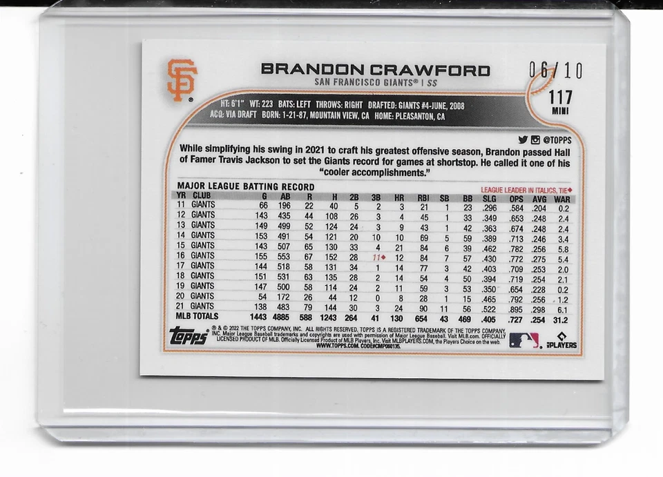 2022 Topps Mini Brandon Crawford BLUE Parallel #'d 06/10 - Image 2 of 2