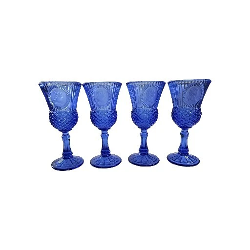 Vtg Fostoria Avon Blue Glass Goblet Set 4 Cameo George Washington 1970's