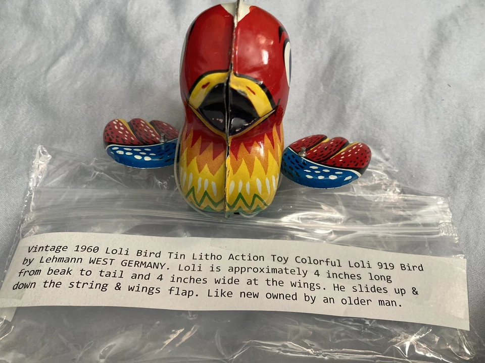 复古 1960 年 Loli Bird Tin Litho 动作玩具 五颜六色的 919 鸟雷曼 W. 德国。 — 第 3/4 张图片