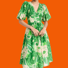 NWT Farm Rio Cotton/Viscose Tropical Groove Bustier Midi Dress w/ Puff Sleeves L