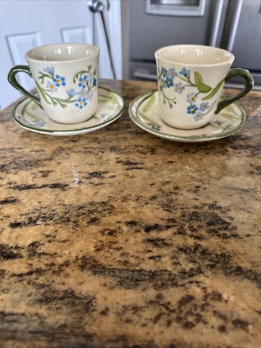 2 Vintage FRANCISCAN POTTERY Forget Me Not COFFEE Tea CUPS Mugs - Green Blue