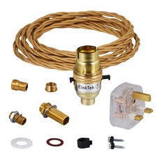 Premium Lamp Kit B22 Safety Switch Holder Fabric Flex UK Plug DIY Brass ElekTek