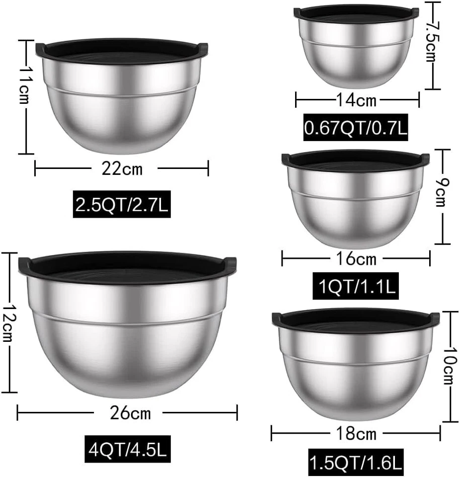 Schüssel Set 5x Edelstahl Rührschüssel Salatschüssel Deckel Reibeaufsatz B913 - Bild 2 von 4