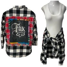 Upcycled Flannel Shirt Womens 2XL Dirt Bike Fox Grunge Shacket Motocross Art
