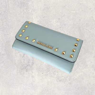 Michael Kors Portmonee Geldbörse Geldbeutel Jet Set Travel Blau Gold Nieten NEU
