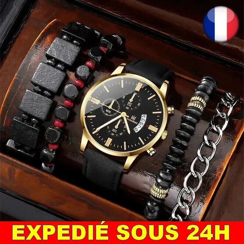 SHAARMS Watch 4 Bracelets Quartz Chain Beads Black Men Women