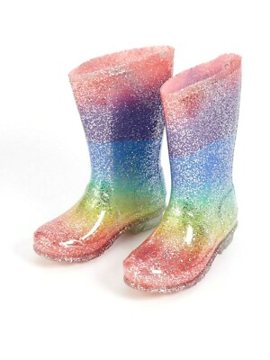 Girls Kids SPOT ON Rainbow Glitter Wellies UK