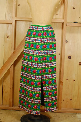Vintage 1960s Green Floral Print New Visions Quilted Hostess Hippie Maxi Skirt S - Picture 10 of 14