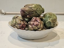 Vintage Ceramic Trompe L'Oeil MAJOLICA Artichokes In White Wicker Basket Italy.