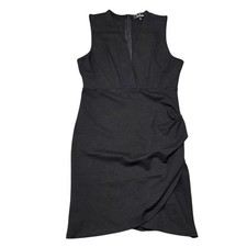 Lulus Sleeveless V-Neck Ruched Faux Wrap Dress Womens Medium Black Rayon Blend