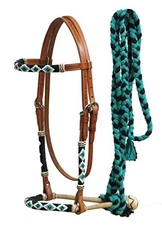 Showman Bosal Headstall w/ Beaded Overlay & Black/Teal Mecate Reins