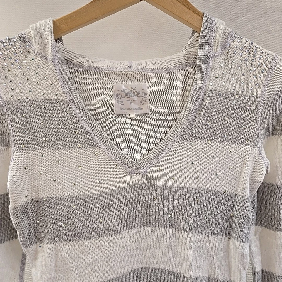Justice Hooded Sweater Gray And White Stripes Long Sleeve Sz. 14 Hoodie Shirt - Image 2 of 4