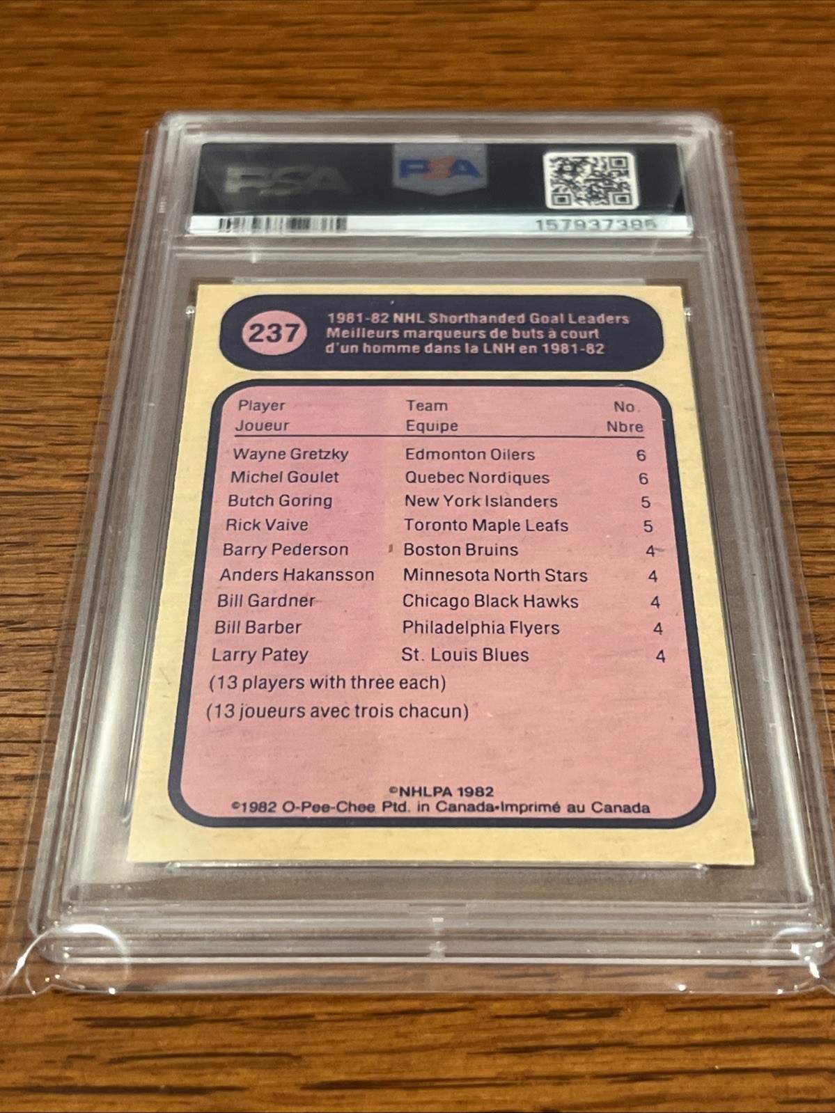 1982 O-PEE-CHEE SHORTHANDED GOAL LEADERS #237 WAYNE GRETZKY HOF PSA 9 view 2