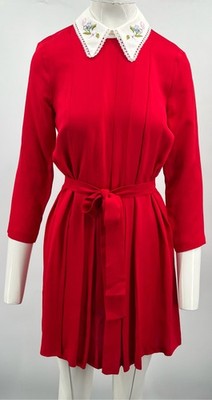 Vivetta Red Floral-Lace Embroidered Neckline Pleated Mini Dress sz 38