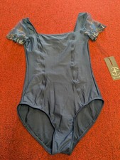 Wear Moi Liseron Navy Cap Sleeve Leotard With Floral Lace Sleeves Accents Dance