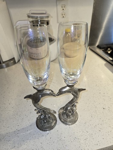 Dolphin Heart Wedding Toasting Glasses Set Opal Glass with Pewter