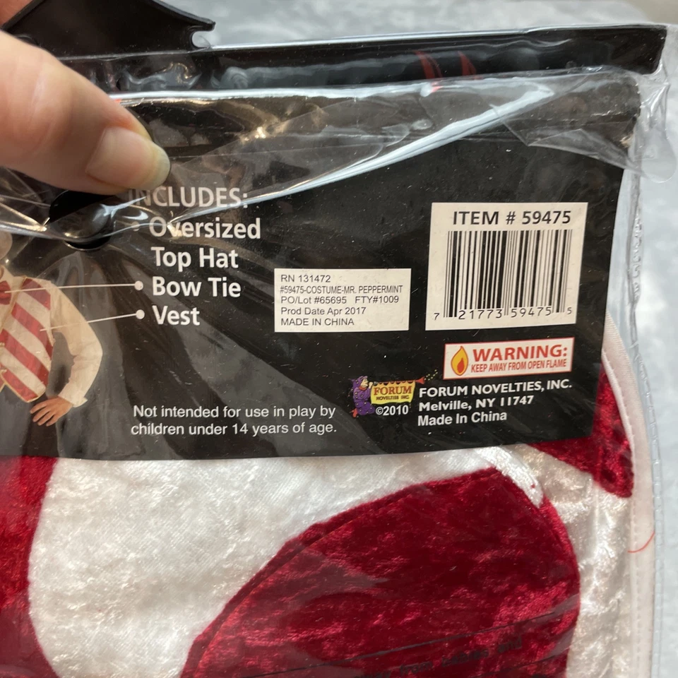 Mr Peppermint Christmas Costume 3 Piece Vest Hat Bow Tie Forum Novelties NIP - Image 4 of 4