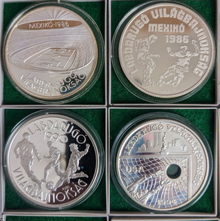 Ungarn: 4 x 500 u. 1000 Forint 1986 1993 zur Fussball WM Proof /PP 90g fein