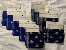 LOT OF 9 BLUE COTTON BANDANAS NEW IN PACKAGE 21X21 NIP DEWRAGS