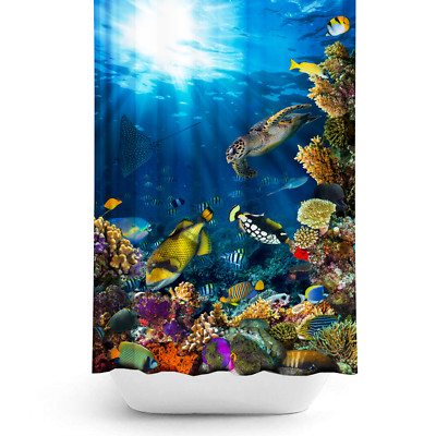 Digitaldruck AQUARIUM Textil Duschvorhang SEA LIFE 120x200 Wannenvorhang +Ringe