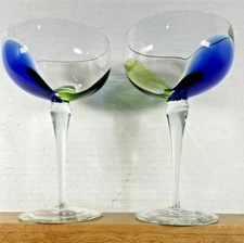 NEW Pair of TURDA Romanian STUDIO Emerald & Cobalt to Clear Crystal 6oz Glasses
