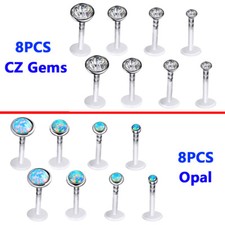 8Pcs 16G Opal CZ Labret Monroe Lip Rings Bioflex Earring Studs Piercing Jewelry