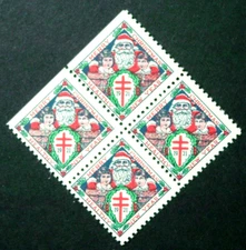 US, 1921 Santa Christmas Seal Block, WX29, Type 2, Perf 12 1/2 3S, MNH, No Gum
