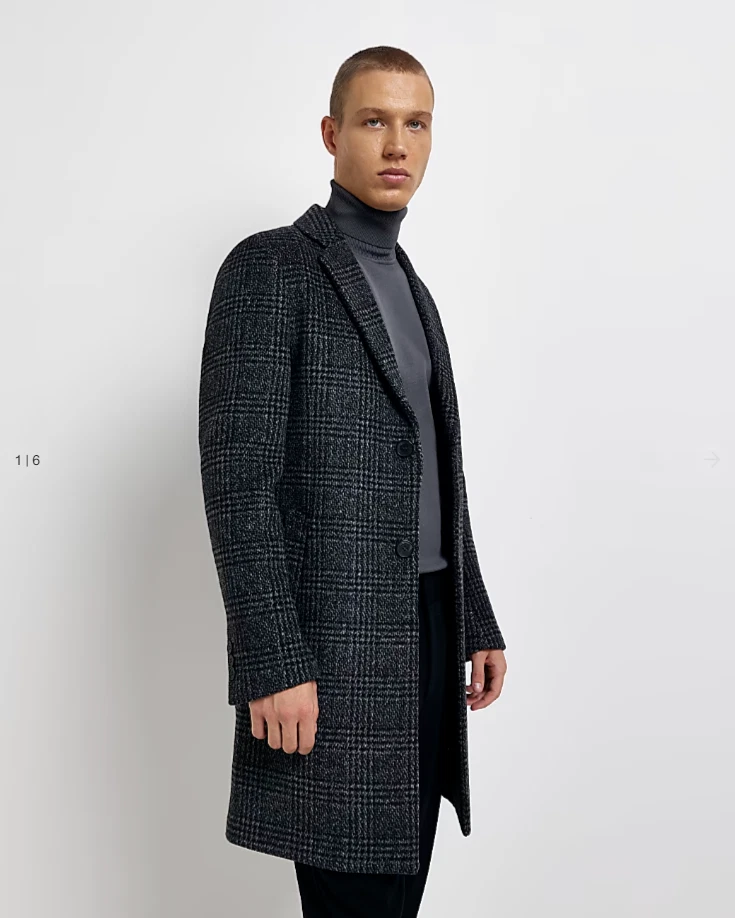 RIVER ISLAND Mens Grey Regular Fit Check Wool Blend Overcoat SIZE S NEW no tags