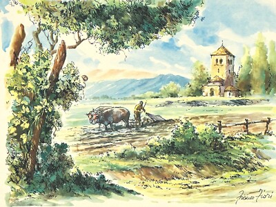 VTG Fleck Bros Mediterranean Impressionist Landscape Water Color Ink Detail