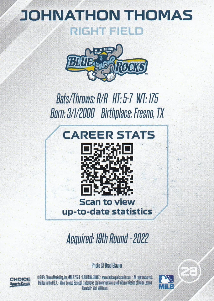 Johnathon Thomas Signed 2024 Wilmington Blue Rocks Card #28 Washington Nationals - Image 2 of 2