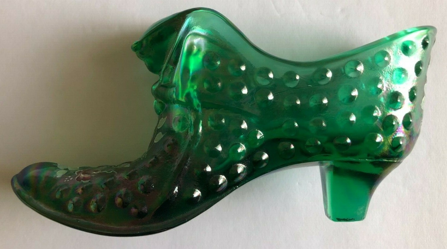 Fenton Art Glass HAND PAINTED GREEN VICTORIAN SHOE Cat Head SIGNED