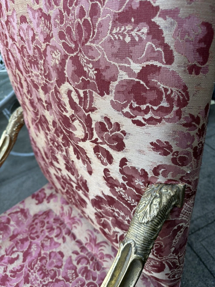 French Louis XV Giltwood Chair Rose Pink & Red Fortuny Style High end Fabric - Image 2 of 4
