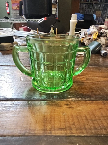 Hazel Atlas Colonial Block Green Depression Uranium Glass Open Sugar Bowl