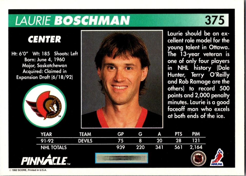 1992-93 Pinnacle - #375 Laurie Boschman - Image 2 of 2