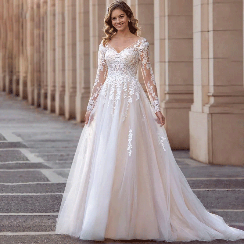 open back tulle wedding dress Deep V-Neck Open Back Tulle A-Line Wedding Dress White / US 2