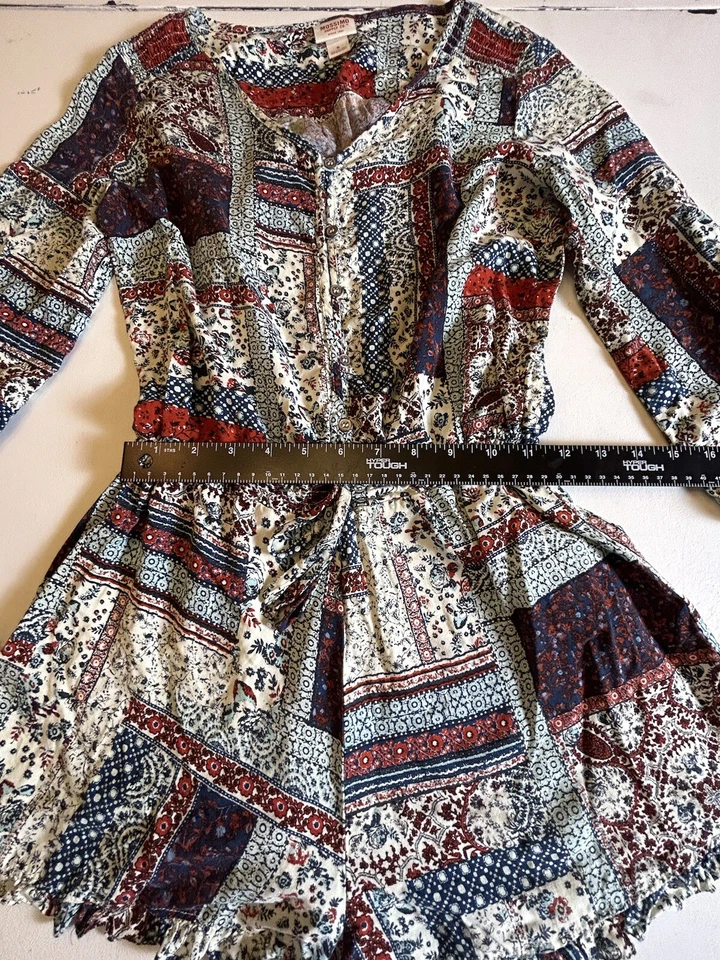 Mameluco Boho Mossimo Supply Co Rojo Blanco Azul Patchwork Floral Rayas Talla S Foto 3 de 4