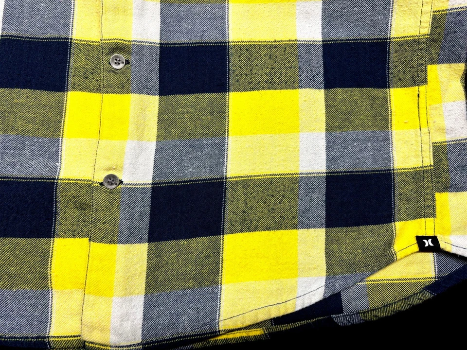 Camisa Hurley Para Hombres Botón Delantero Manga Larga Algodón Amarillo Azul Marino A Cuadros Mediana M Foto 3 de 4