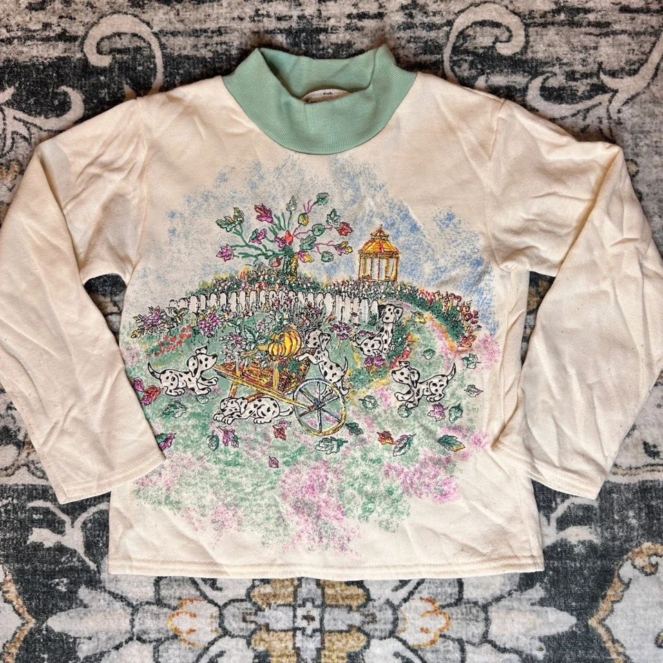 VTG 90s Basic Editions Girls 6X Acrylic Mockneck Dalmatian Puppies Garden Scene - Image 2 of 4