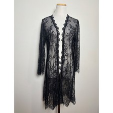 Sheer Black Lace Duster Cardigan M Boho Festival Whimsigoth Witchy Fairy Grunge