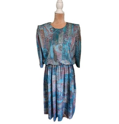 MCS Ltd VTG 80's Abstract Pleated Blouson Knee Length Midi Dress 18P Teal Blue