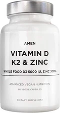 Amen Vitamin D, K2 & Zinc, Cholecalciferol D3 5000 IU, Organic Whole Food... 