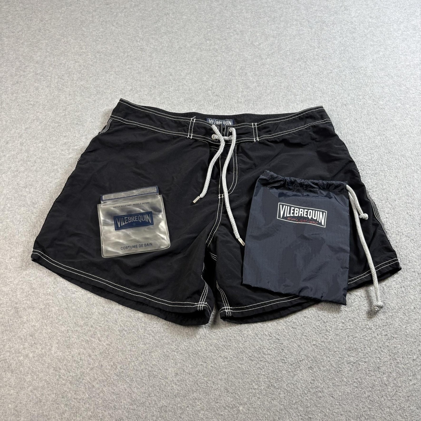 Vilebrequin Swim Trunks Shorts Men XL Black Mesh Lined Drawstring Logo Bag Beach