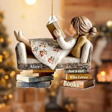 Book Lover Ornament, Reading Girl Decor, Personalized Acrylic Christmas