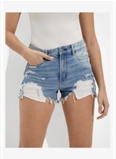 American Eagle Women  s Ripped Highest Rise Mom Denim Blue Shorts Size 0 NEW