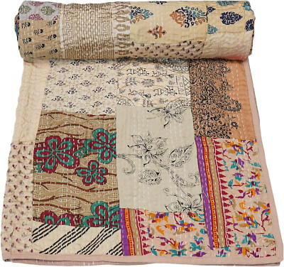 Indischer Quilt Vintage Quilt Alt Patchwork Seide Sari Kantha Gesteppt Bettüb...