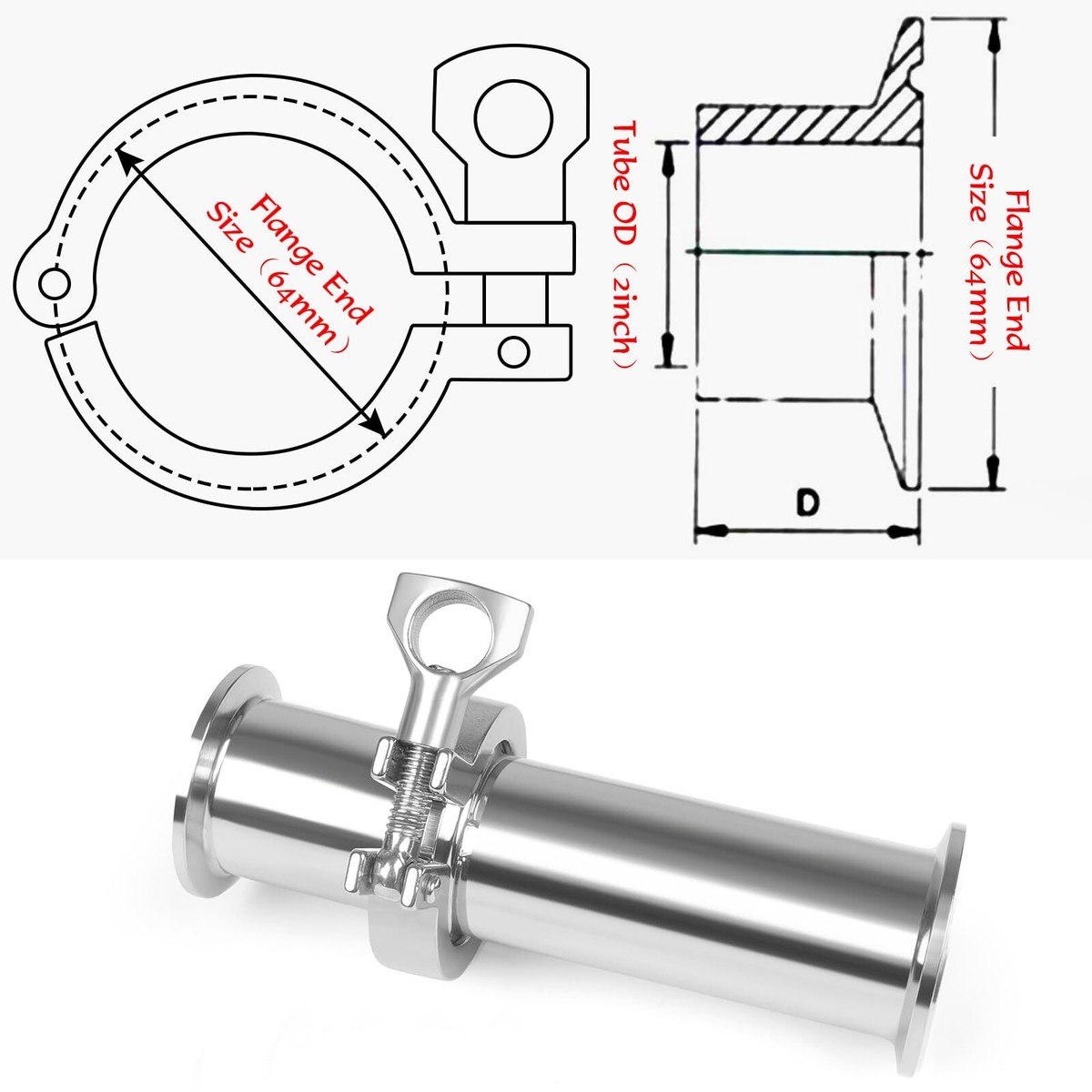 Sanitäres Edelstahl 316 Fitting – 1" NPT Gewinde Auf 1.5" Tri Clamp, Für Rohrverbindungen