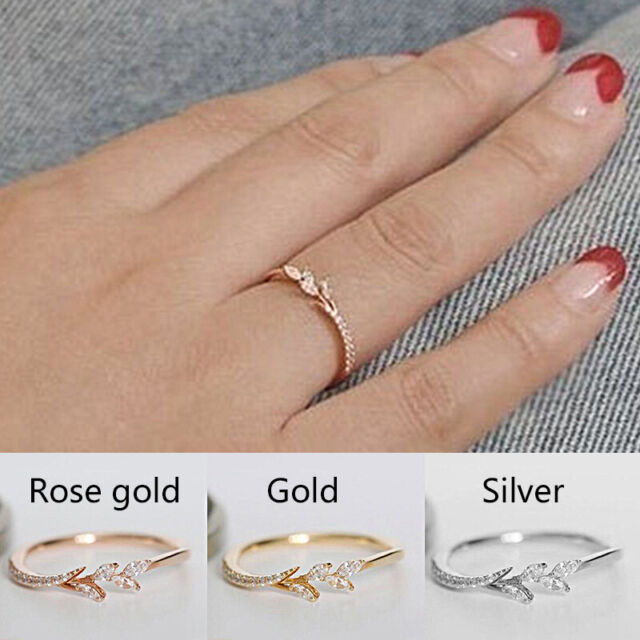 Women Alloy Rhinestone Leaf Ring Gold Silver Finger Rings Wedding Band Jewelry