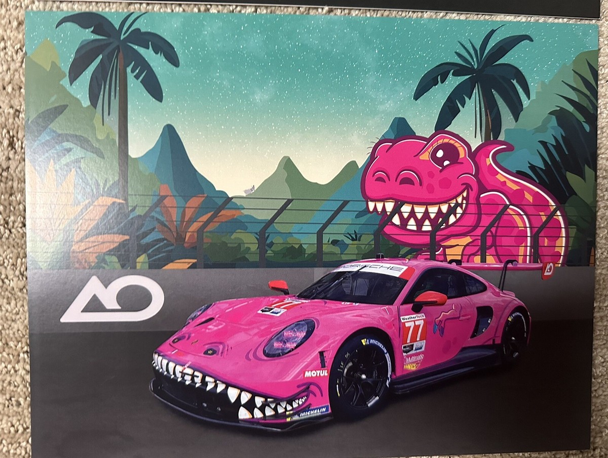 ROXY” T REX Pink DINOSAUR Card & RACE DAY GUIDE IMSA AO PORSCHE