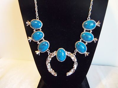 Vintage Large Faux Turquoise Squash Blossom Necklace estate jewelry nice 