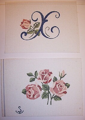 CHOOSE 1 :  ASSORTED SCRIPT INITIAL LETTER WITH PINK ROSES NEEDLEPOINT CANVAS